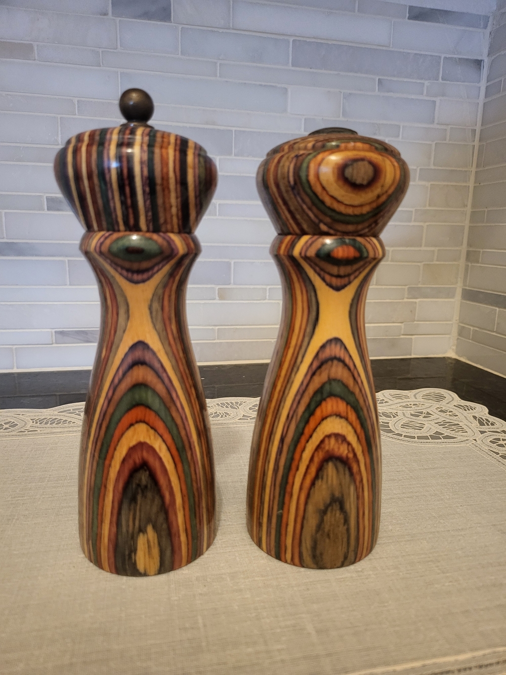 Vintage 1980s Mr. Dudley Rainbow Wood Pepper Mill Grinder & Salt Shaker Set